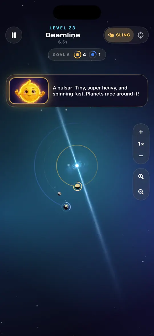 Level 23, Beamline: two planets orbit a blue pulsar whose light beams sweep across the screen, ending on a score of 18,525.