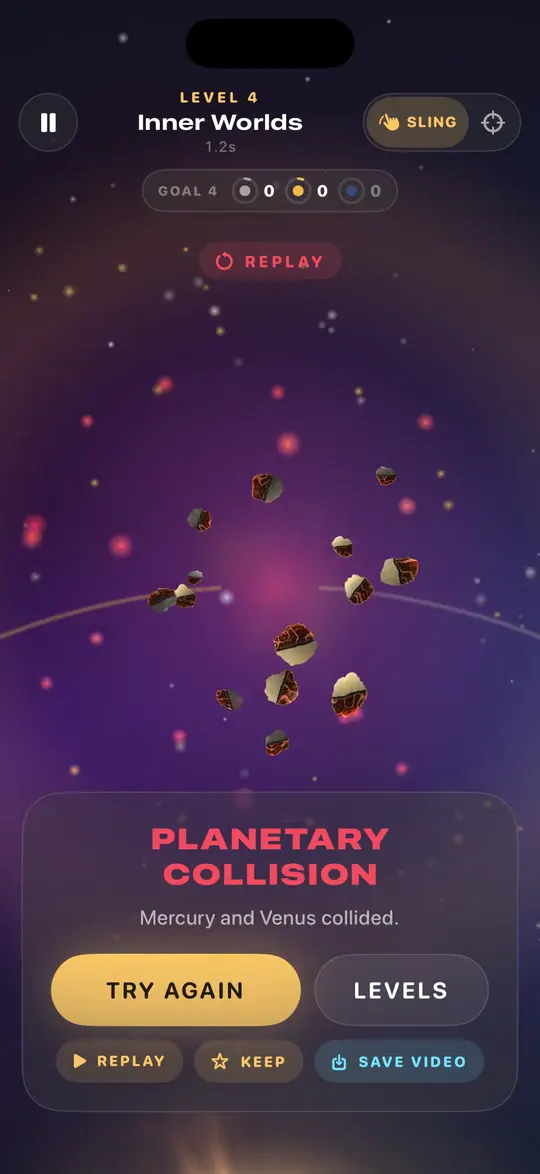 Level 4, Inner Worlds: Mercury and Venus collide and break into glowing fragments, replayed in slow motion.