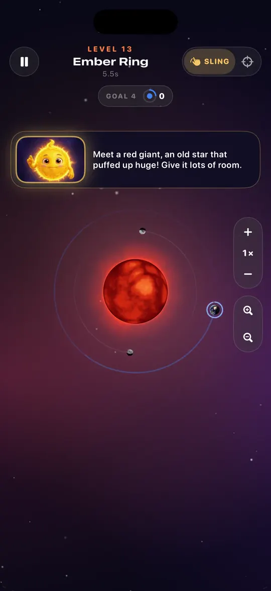 Level 13, Ember Ring: planets circle a large red giant star while Sol explains the resident worlds.