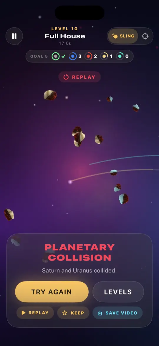 Level 10, Full House: five planets orbit the Sun, then Saturn and Uranus collide in a burst of rock, shown again in a slow-motion replay.