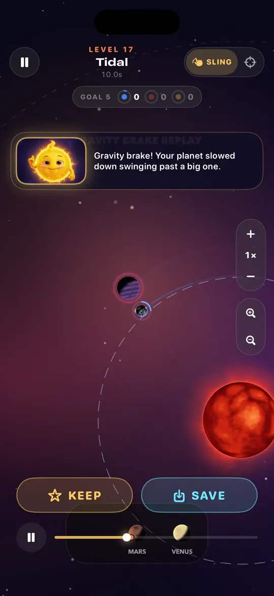 Level 17, Tidal: a planet passes close to a heavier one around a red giant and drops into a smaller orbit; the replay labels it a Gravity Brake.