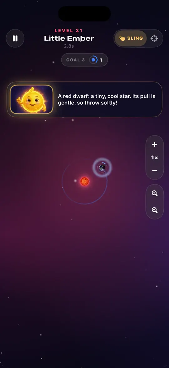 Level 31, Little Ember: a planet circles a small red dwarf star, ending on a score of 8,438.