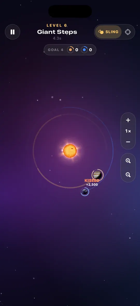 Level 6, Giant Steps: planets orbit the Sun and two of them pass within a hair of each other, earning a Kissed bonus.