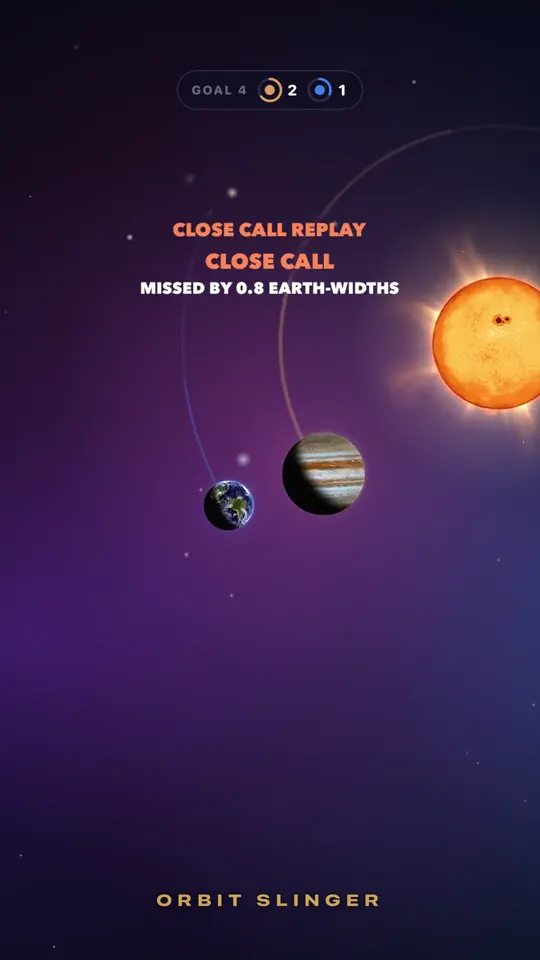 A saved replay video of Giant Steps: a slow-motion Close Call between Earth and Jupiter, ending on a card showing 13,059 points and the Maestro badge.