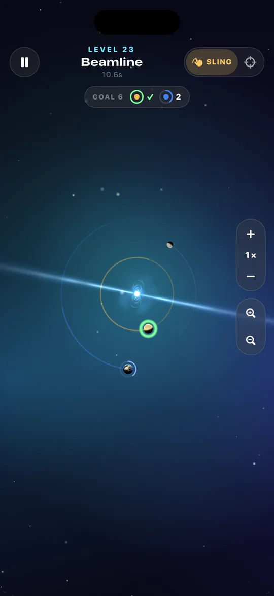 Level 23 around a bright blue pulsar with long light beams.