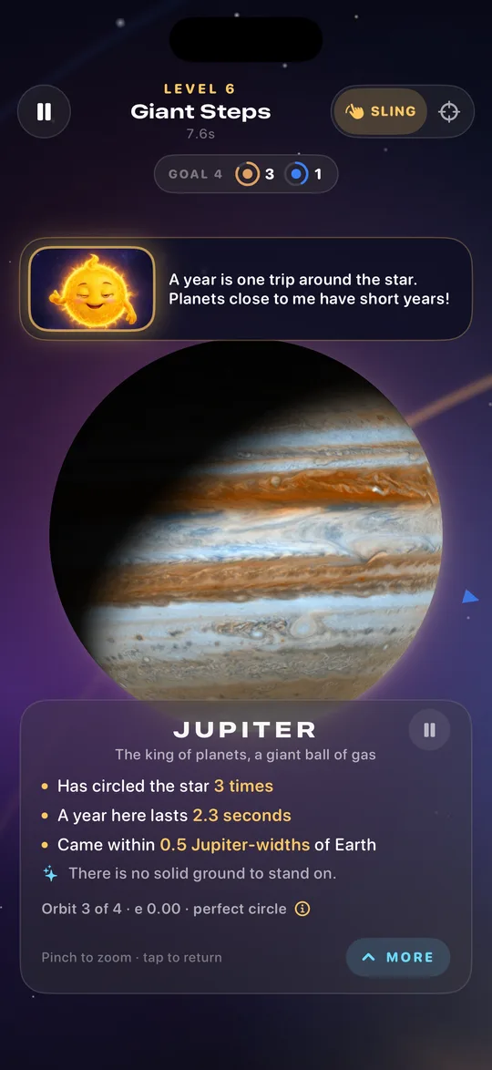 A close-up of Jupiter with its card: it has circled the star three times and a year there lasts 2.3 seconds.