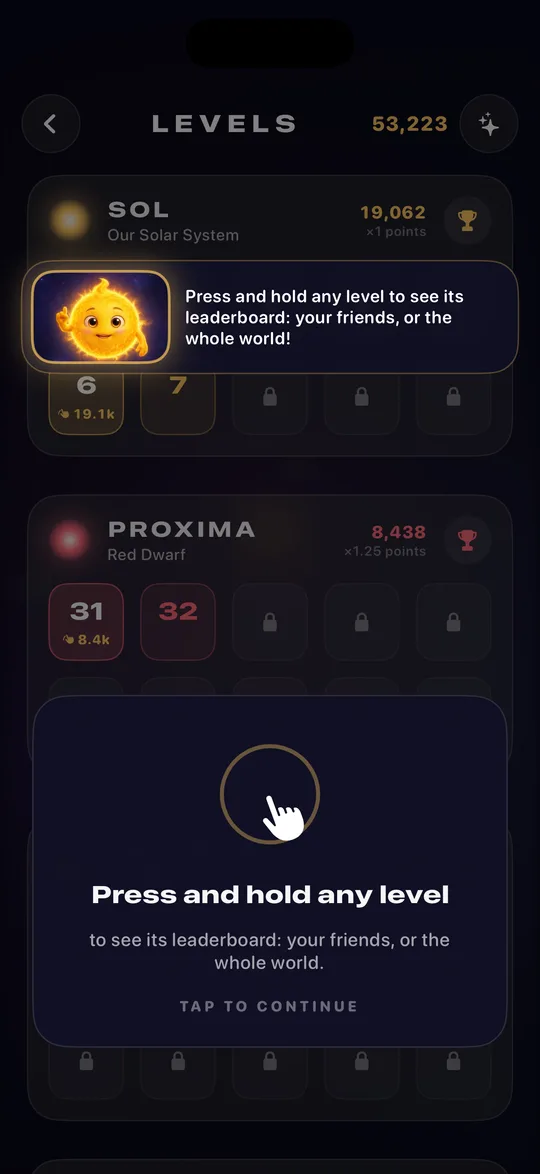 The level select screen with a hint: press and hold any level to see its leaderboard.