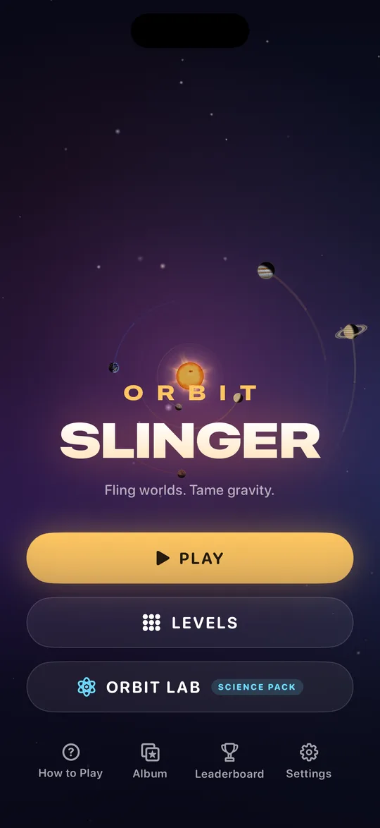 The Orbit Slinger main menu: the title over a violet nebula with the Sun and planets, and buttons for Play, Levels and Orbit Lab.